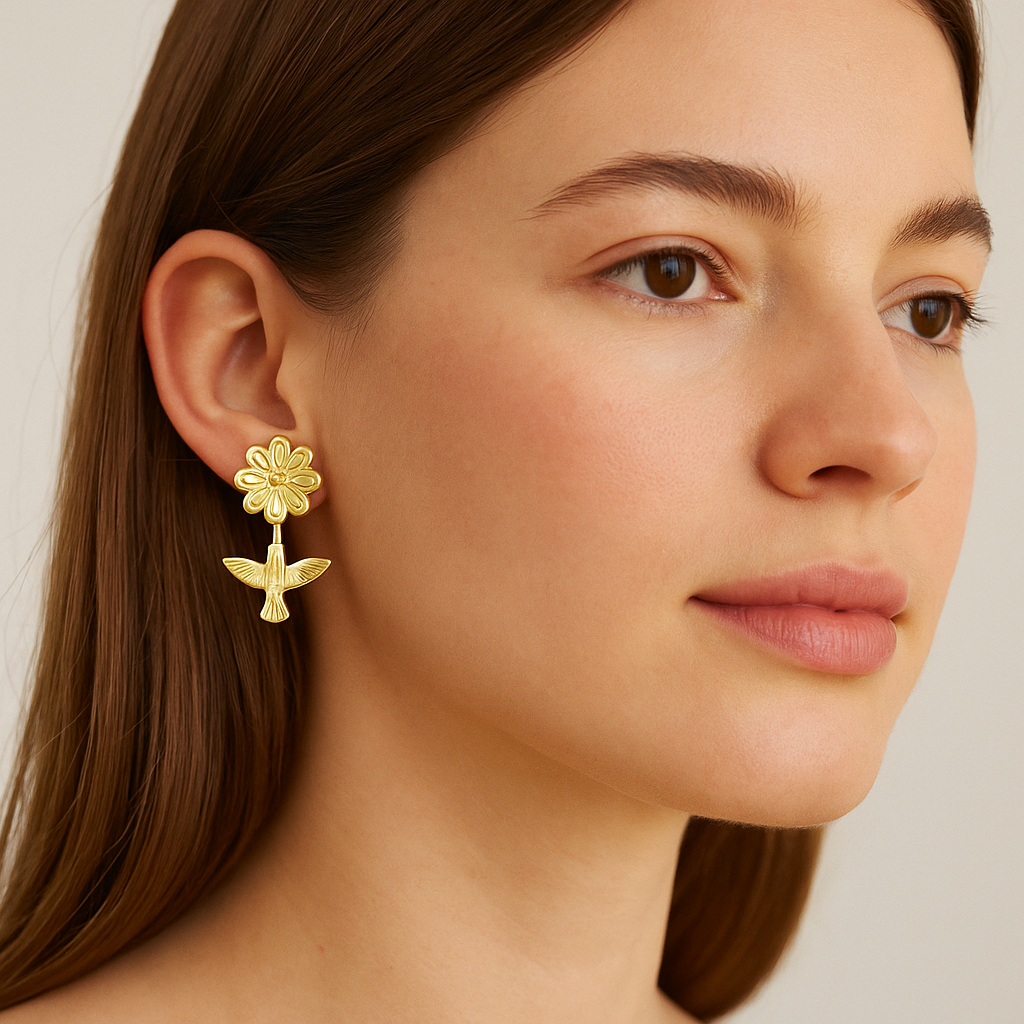 10K Gold Hummingbird with Flower Stud Earring