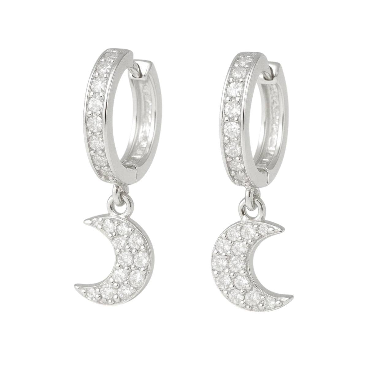 925 Silver Huggie Earring with Moon Pendant and Zirconias