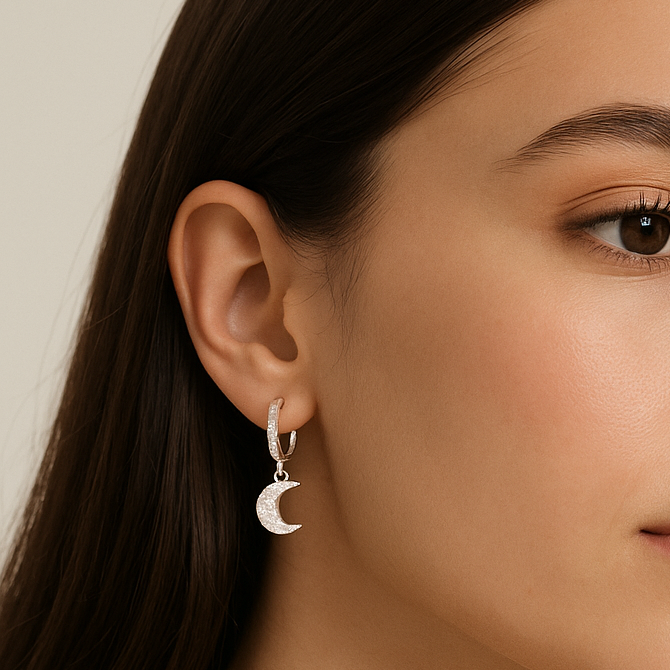 925 Silver Huggie Earring with Moon Pendant and Zirconias