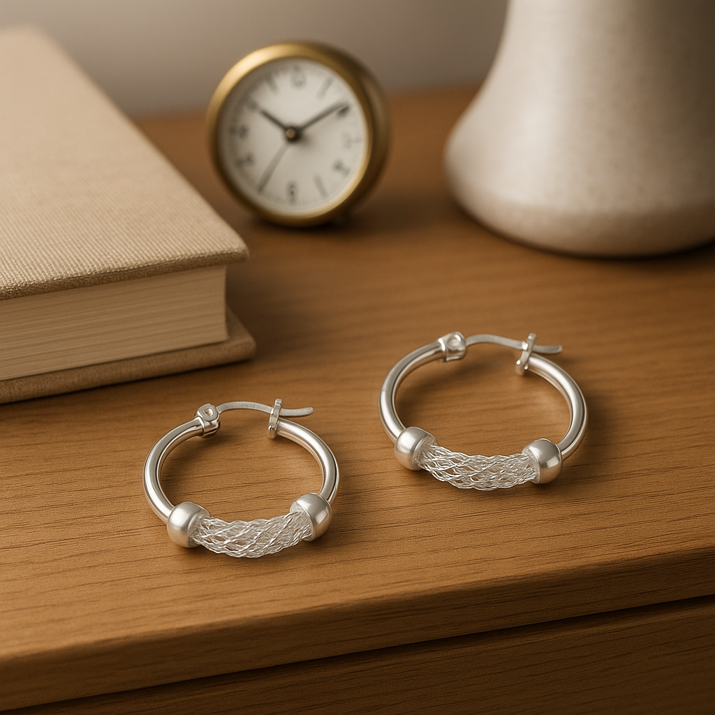 Smooth Hoop Earring with 925 Silver Mesh, 15mm Mesh