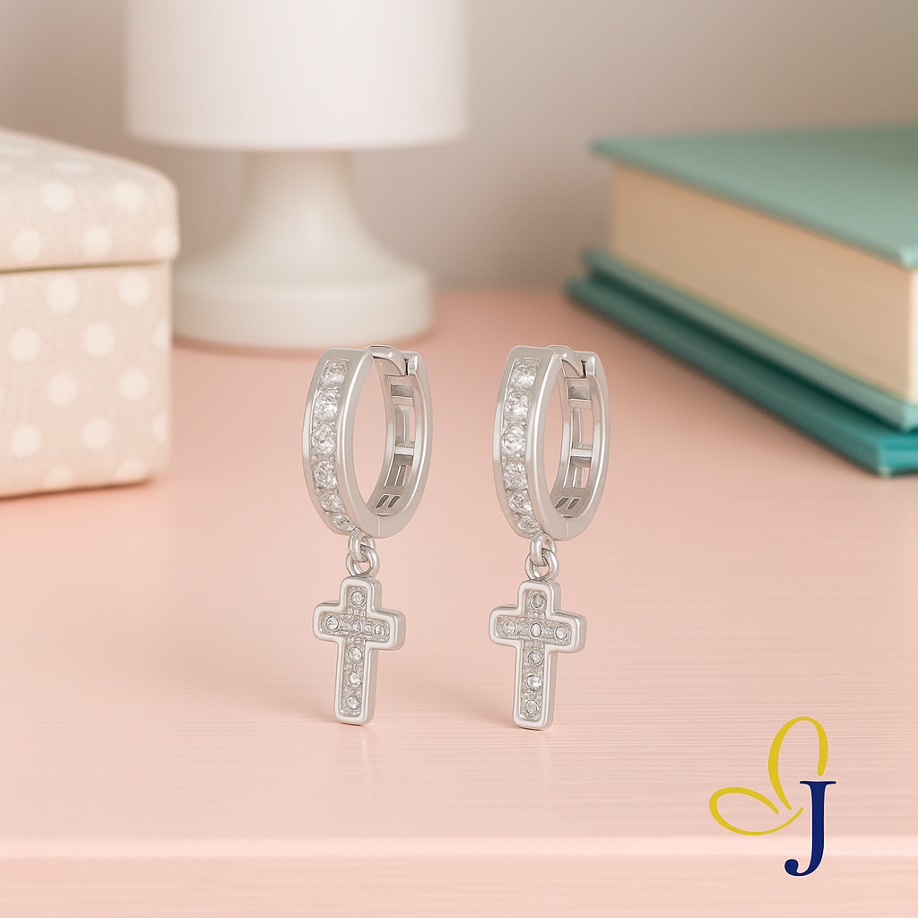 925 Sterling Silver Huggie Hoop Earrings with Cross and Zirconia Charms
