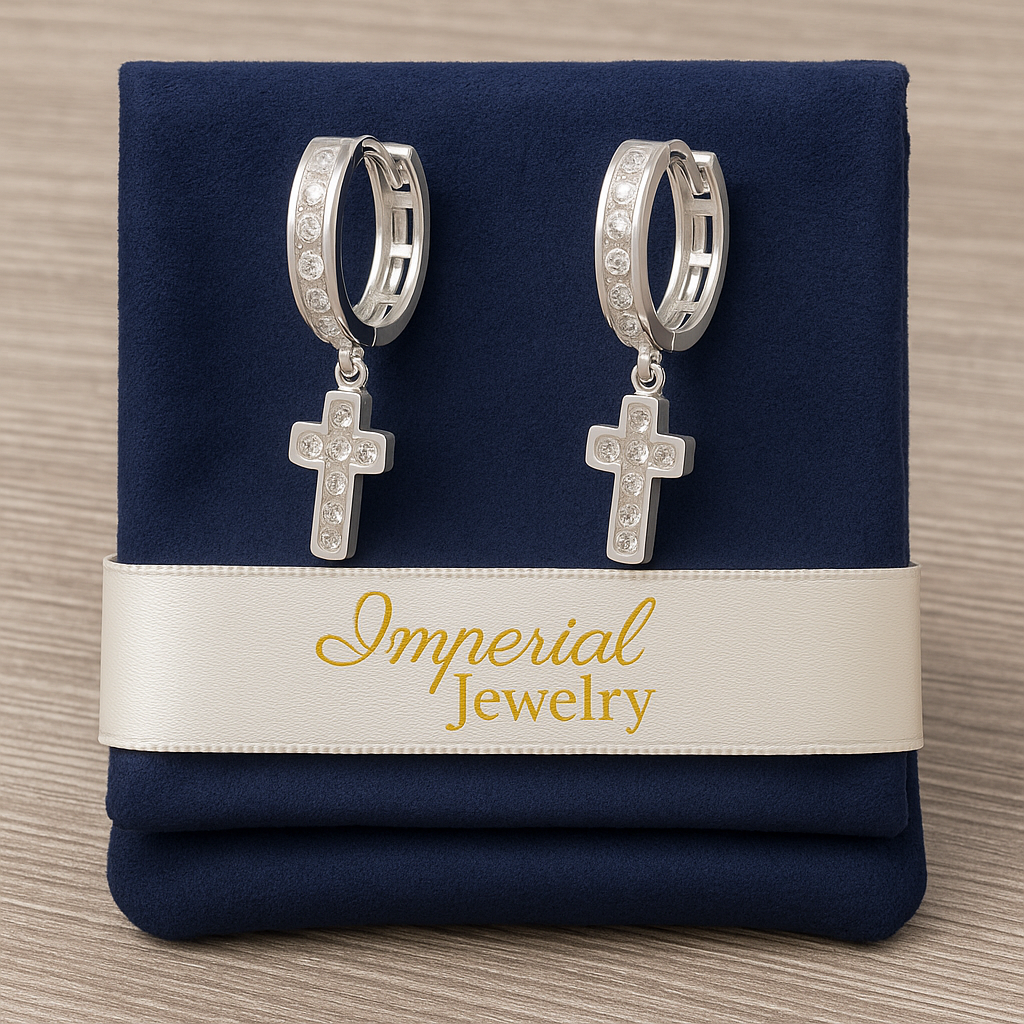 925 Sterling Silver Huggie Hoop Earrings with Cross and Zirconia Charms