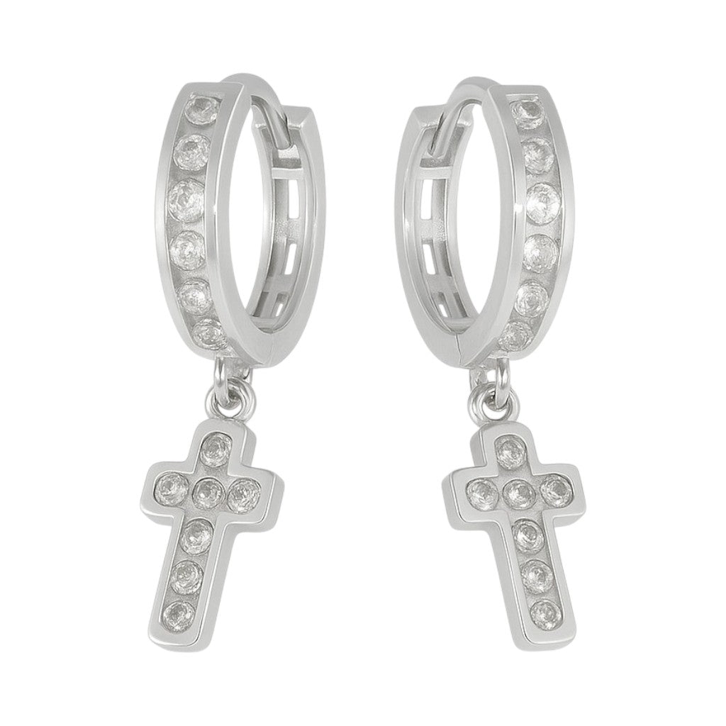 925 Sterling Silver Huggie Hoop Earrings with Cross and Zirconia Charms