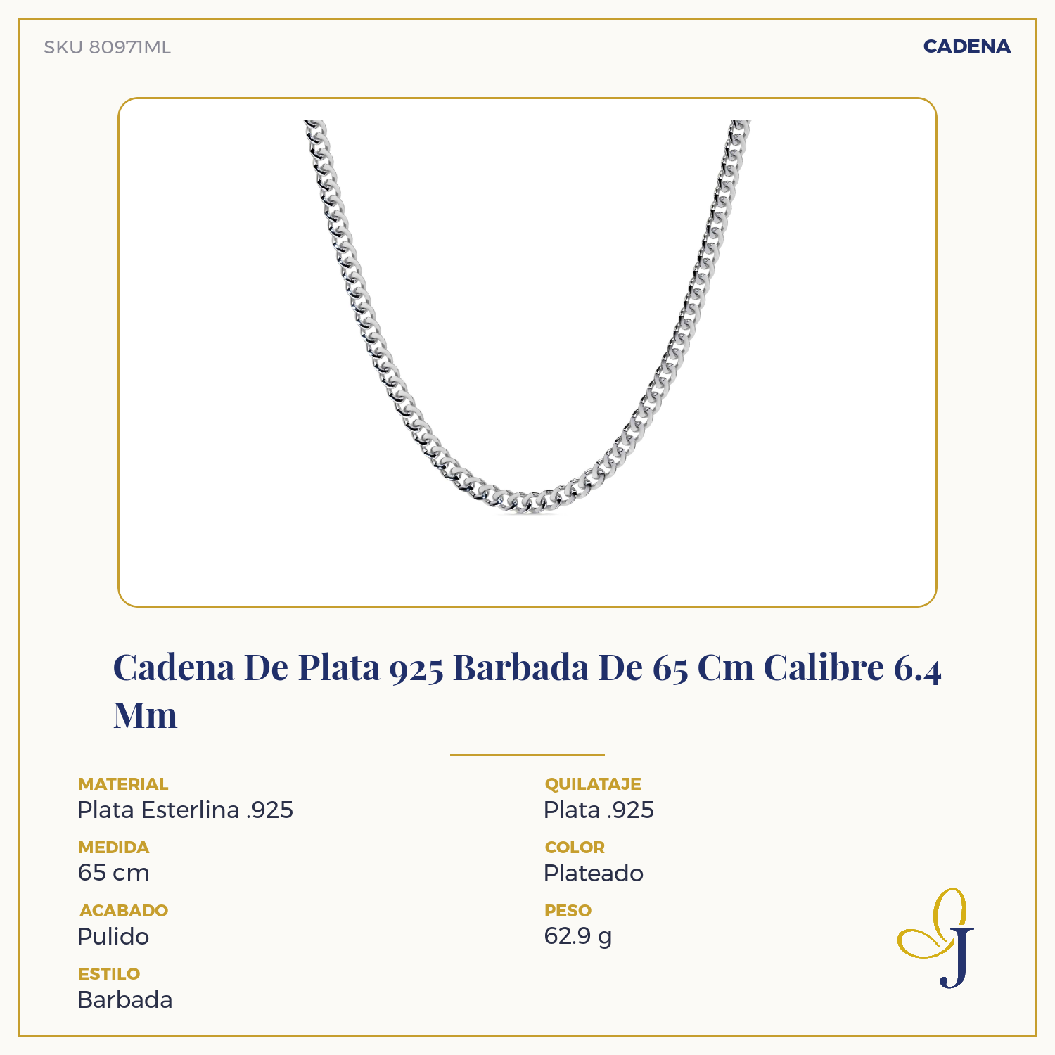 925 Sterling Silver Curb Chain 55 cm, 6.4 mm Gauge