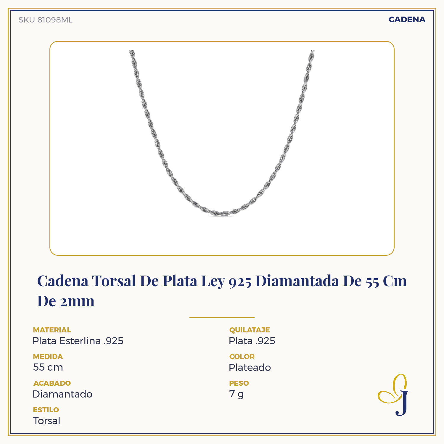 925 Sterling Silver Diamond-Cut Torsal Chain, 55cm, 2mm