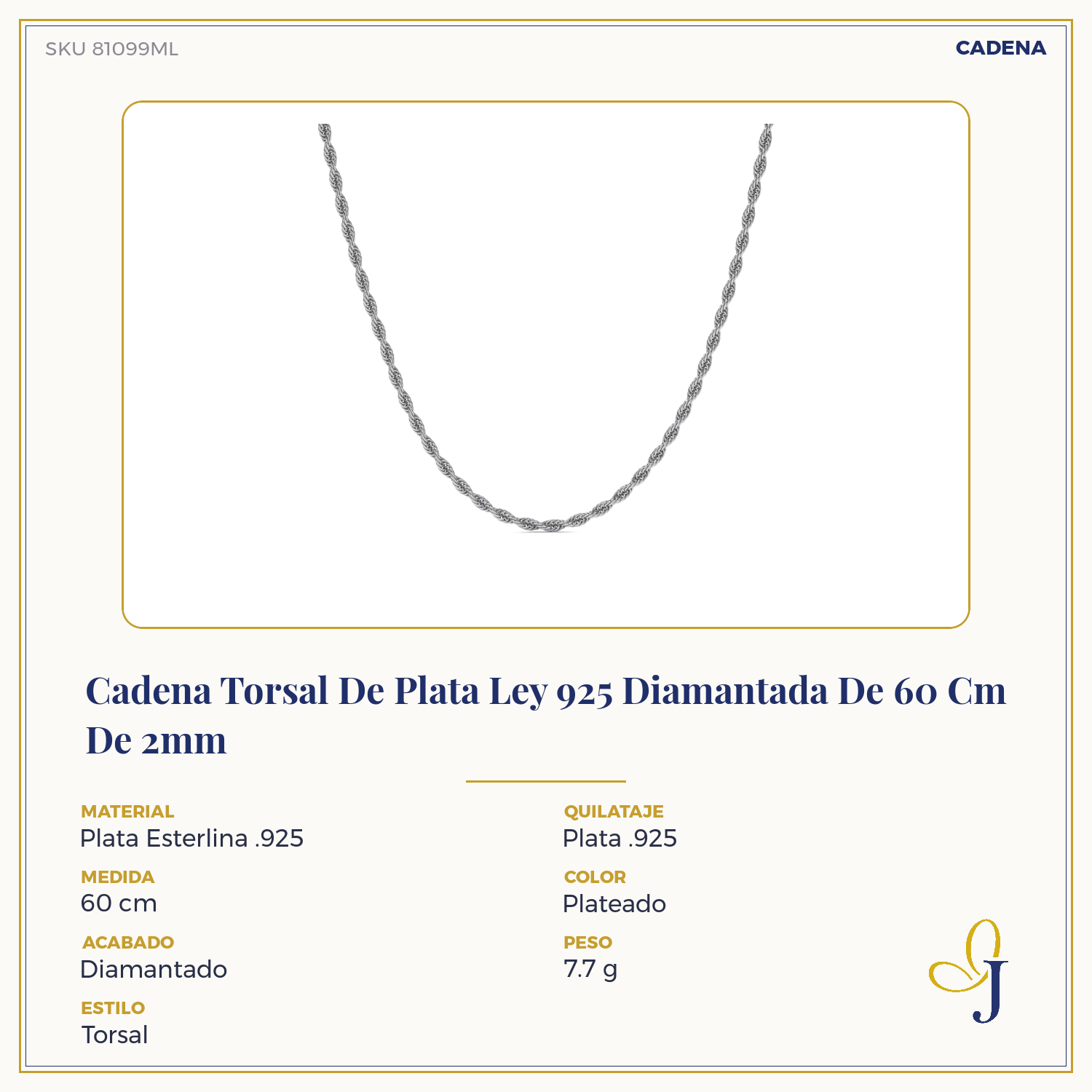 925 Sterling Silver Diamond-Cut Torsal Chain, 55cm, 2mm