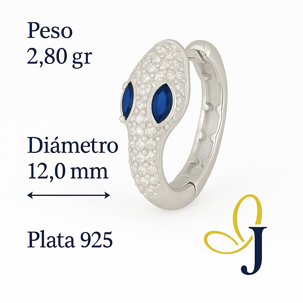 925 Silver Snake Earring with White and Blue Zirconia