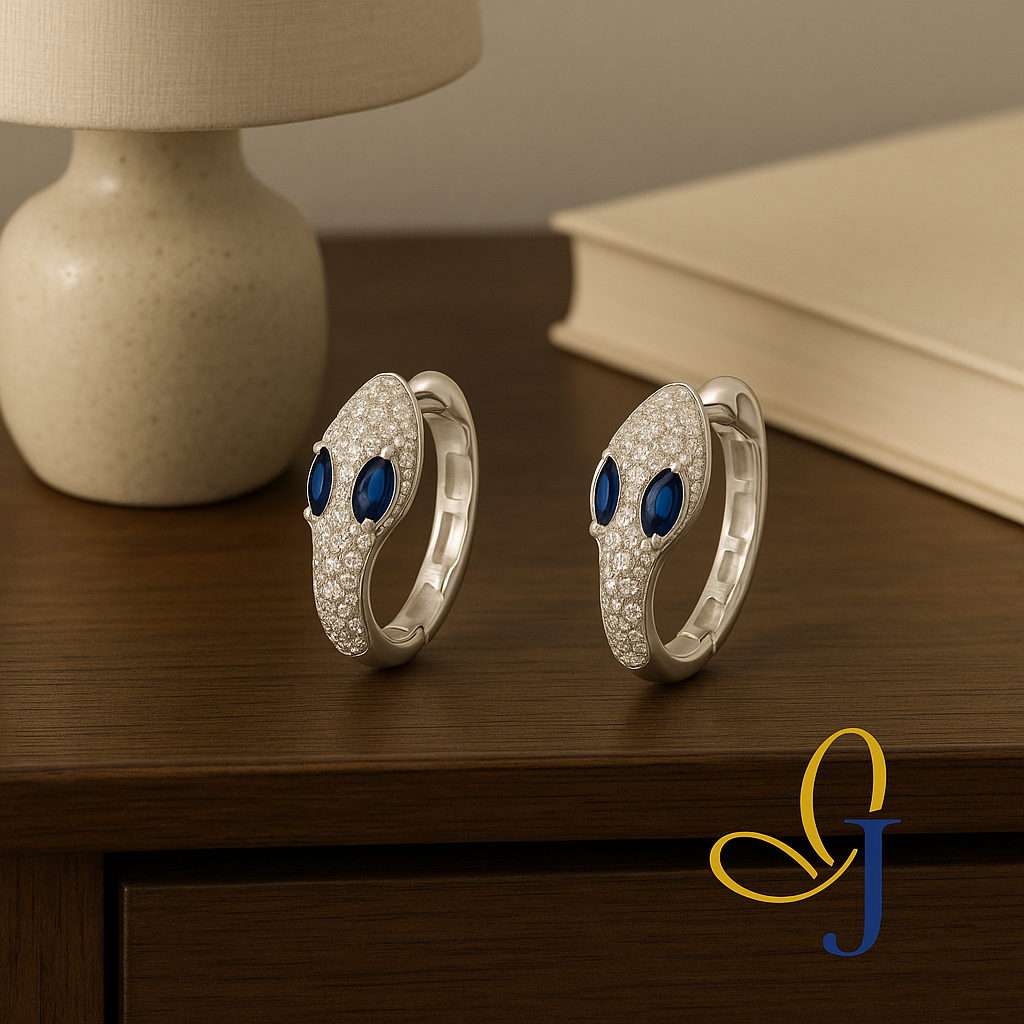 925 Silver Snake Earring with White and Blue Zirconia