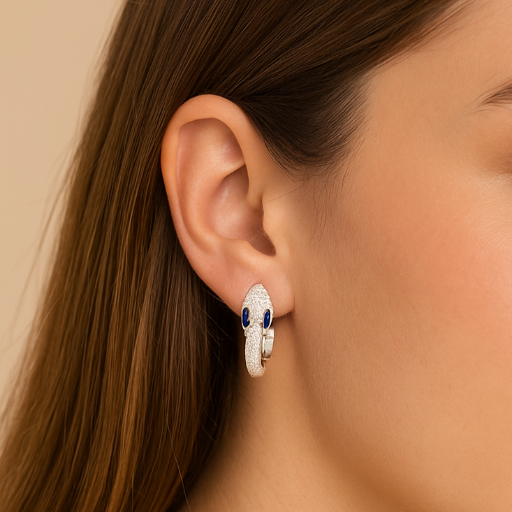 925 Silver Snake Earring with White and Blue Zirconia