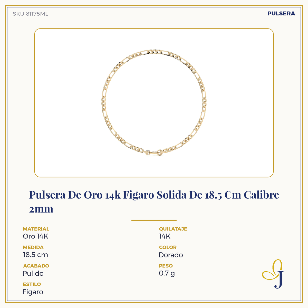 14k Gold Solid Figaro Bracelet 18.5cm 2mm Gauge