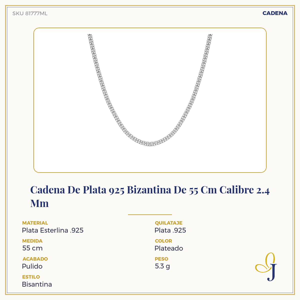 925 Sterling Silver Byzantine Chain, 45 cm, 2.4mm Gauge