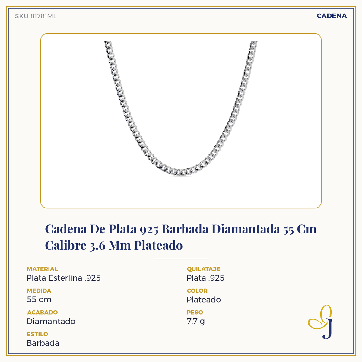 925 Silver Diamond Cut Curb Chain 50 cm 3.6 mm Gauge