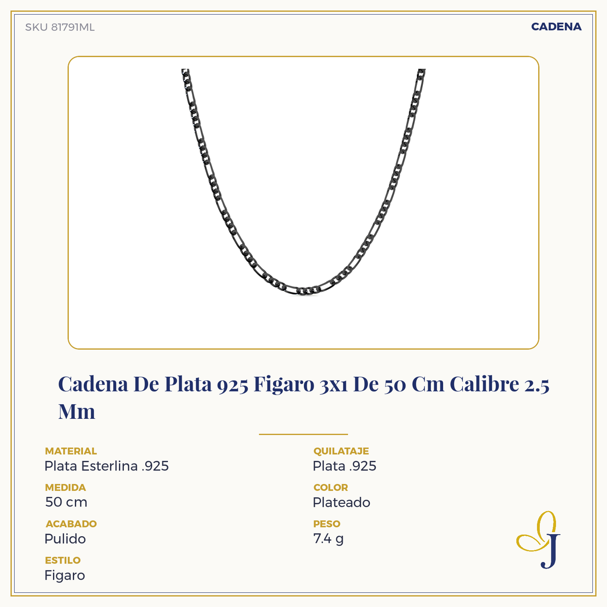 925 Sterling Silver Figaro 3+1 Chain 50 cm 2.5 mm Gauge