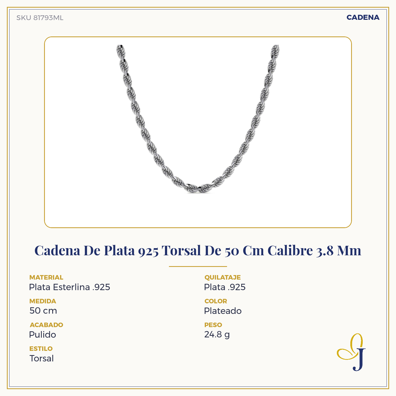 925 Sterling Silver Rope Chain 50 cm 3.8 mm Gauge