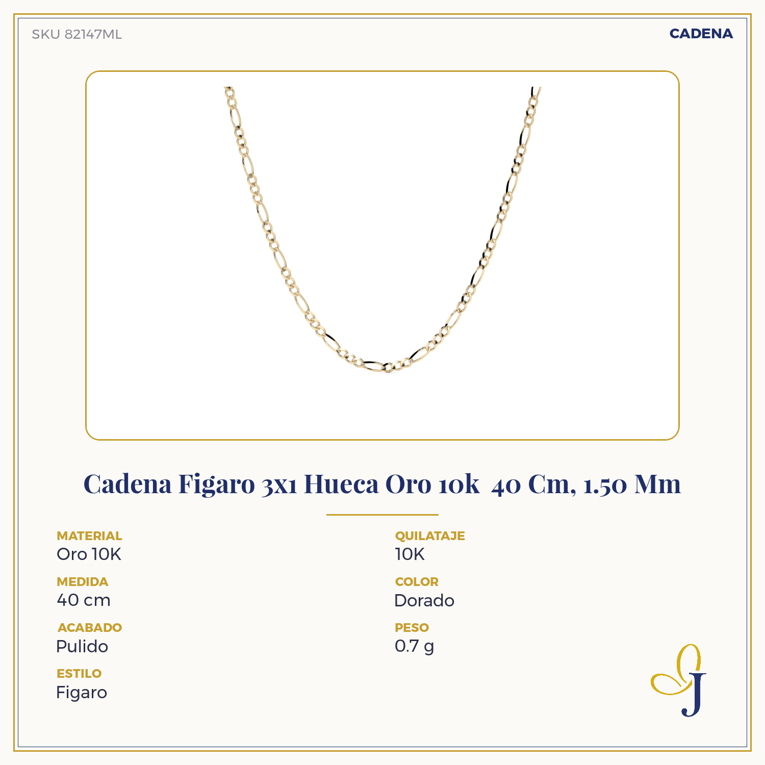 Hollow 10K Gold Figaro Chain 3x1, 40 cm, 1.50 mm