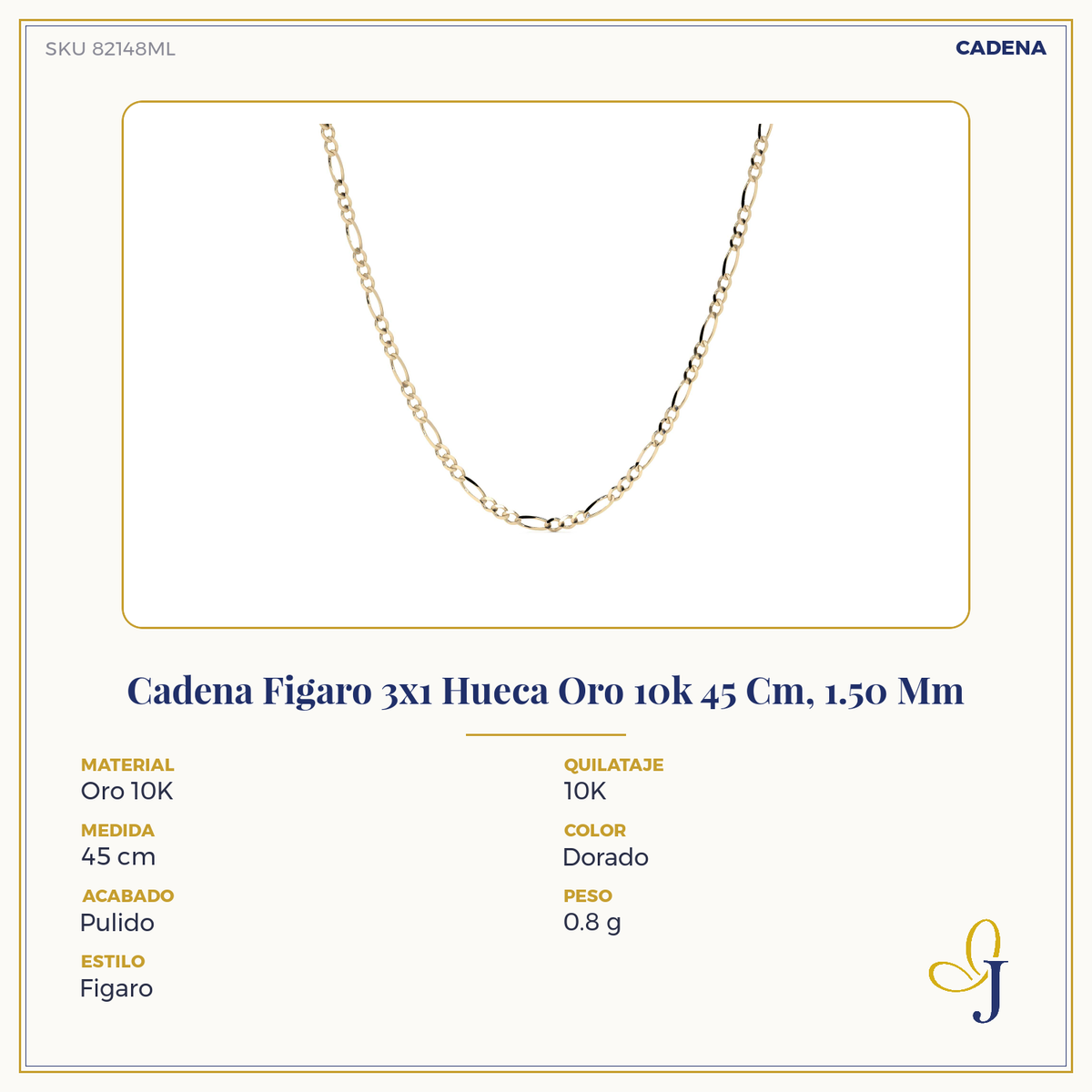 Hollow 10K Gold Figaro Chain 3x1, 40 cm, 1.50 mm