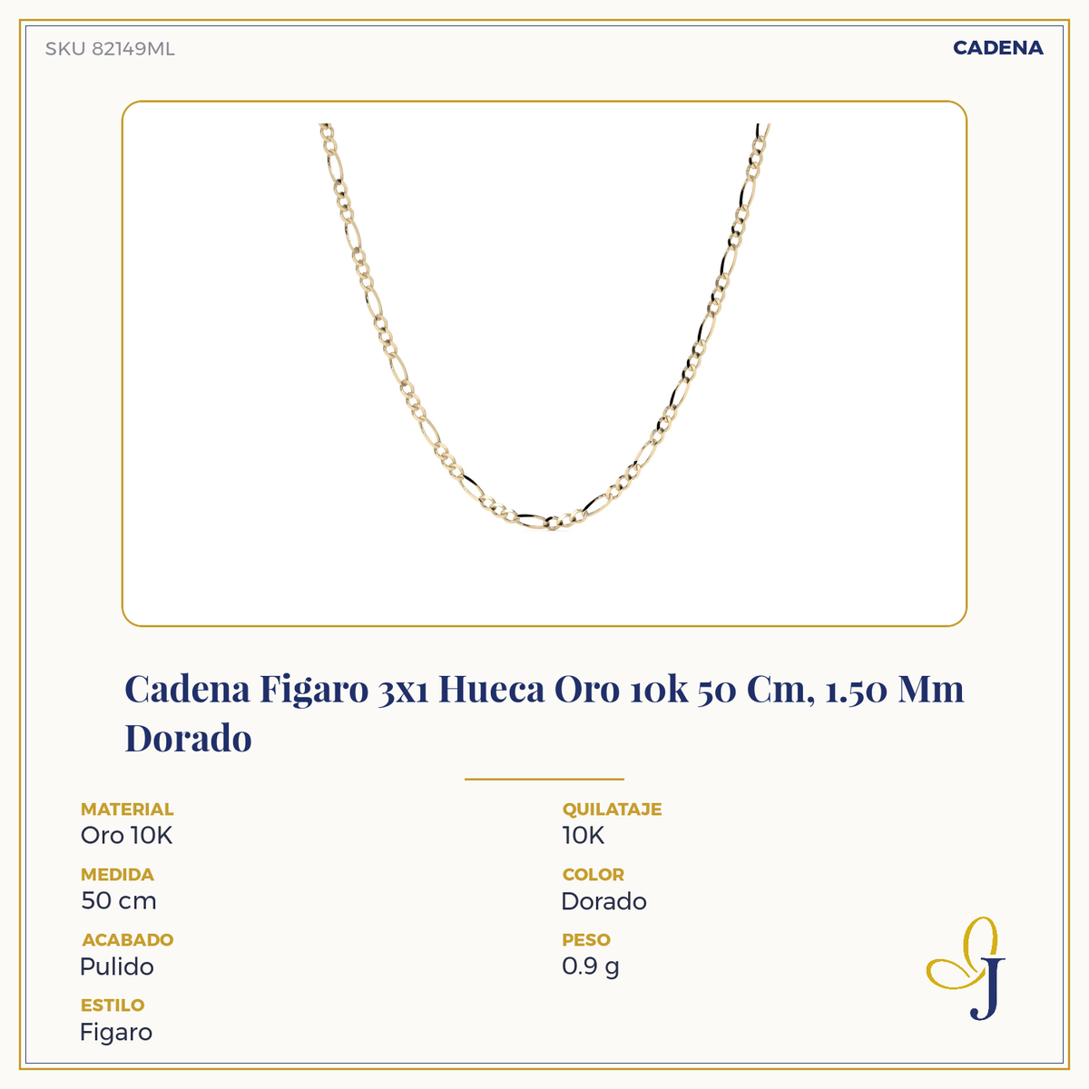 Hollow 10K Gold Figaro Chain 3x1, 40 cm, 1.50 mm