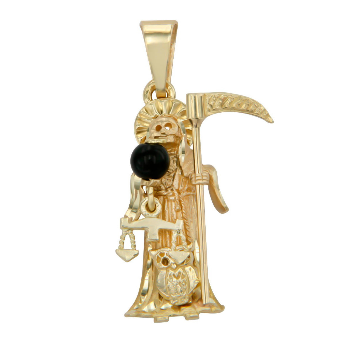 10K Gold Pendant The Santa Muerte with Onyx Stone 4 cm