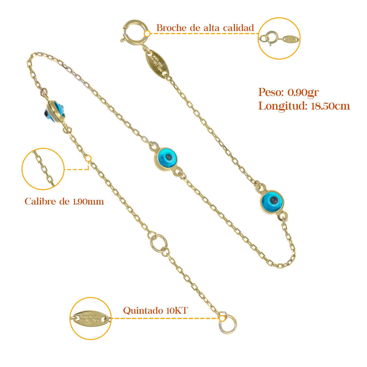 10k Turkish Evil Eye Bracelet 0.6mm, 18cm