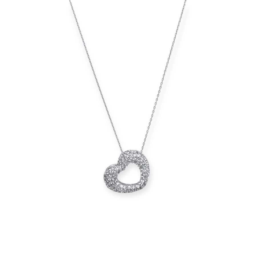 Sterling Silver Rhodium Plated Simulated Diamond Puffed Heart Necklace