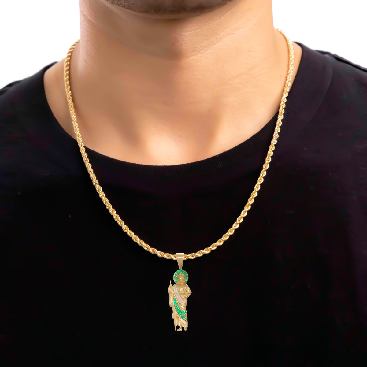 10K Gold St. Jude Pendant with Green Zirconia Cloak