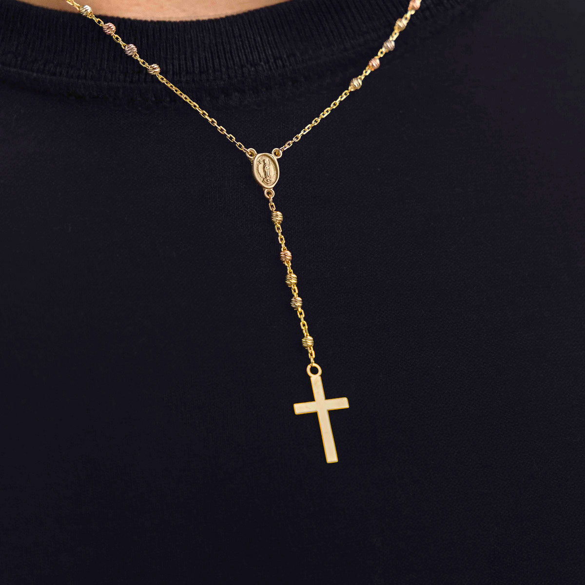 14K Gold Rosario Necklace with 3-Tone Ball, 50cm