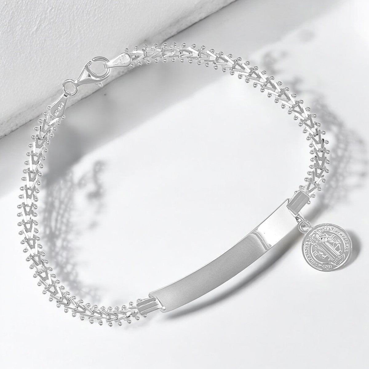 Women's 925 Sterling Silver Basketweave Bracelet with Medal