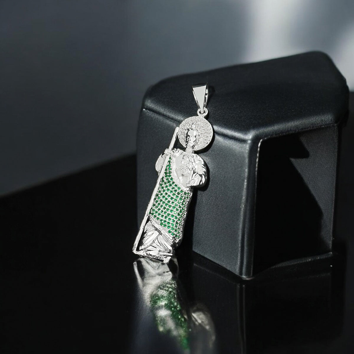 925 Silver St. Jude Pendant with Green Zirconia Stone 7.5cm