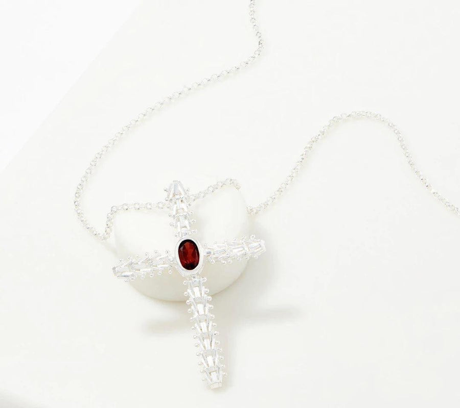 Imperial Silver Gemstone Cross Necklace w/ Chain- Sterling Silver