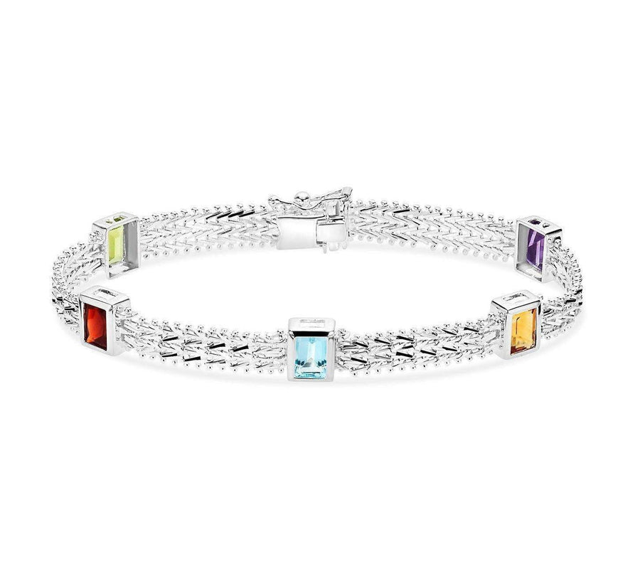 Imperial Silver Multi-Gemstone Bezel Set Wheat Bracelet