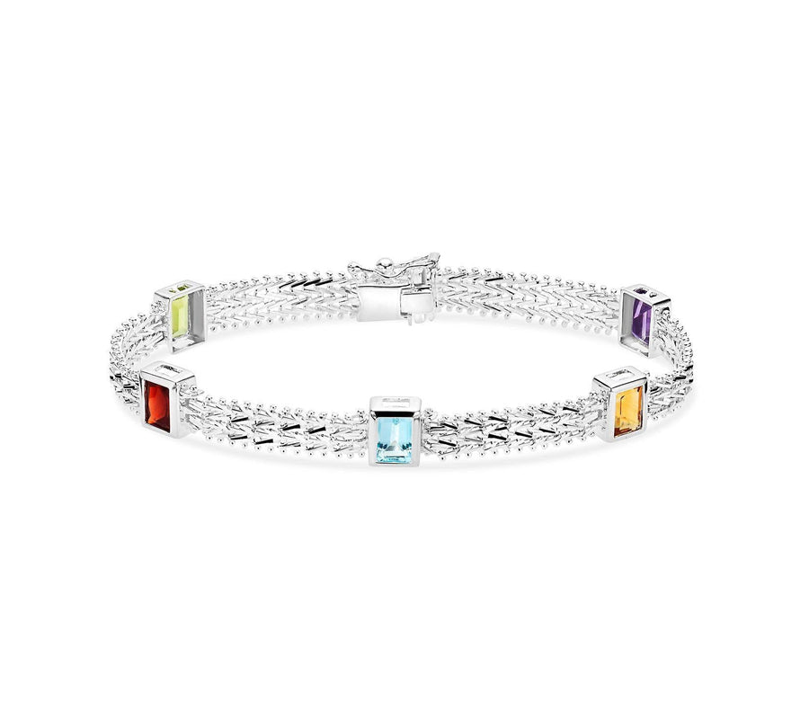 Imperial Silver Multi-Gemstone Bezel Set Wheat Bracelet