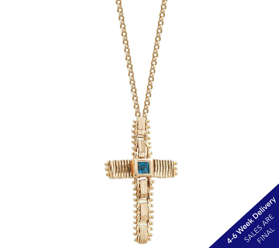 Imperial Gold Blue Topaz Cross Pendant with Chain, 14K | CUSTOM MADE TO ORDER