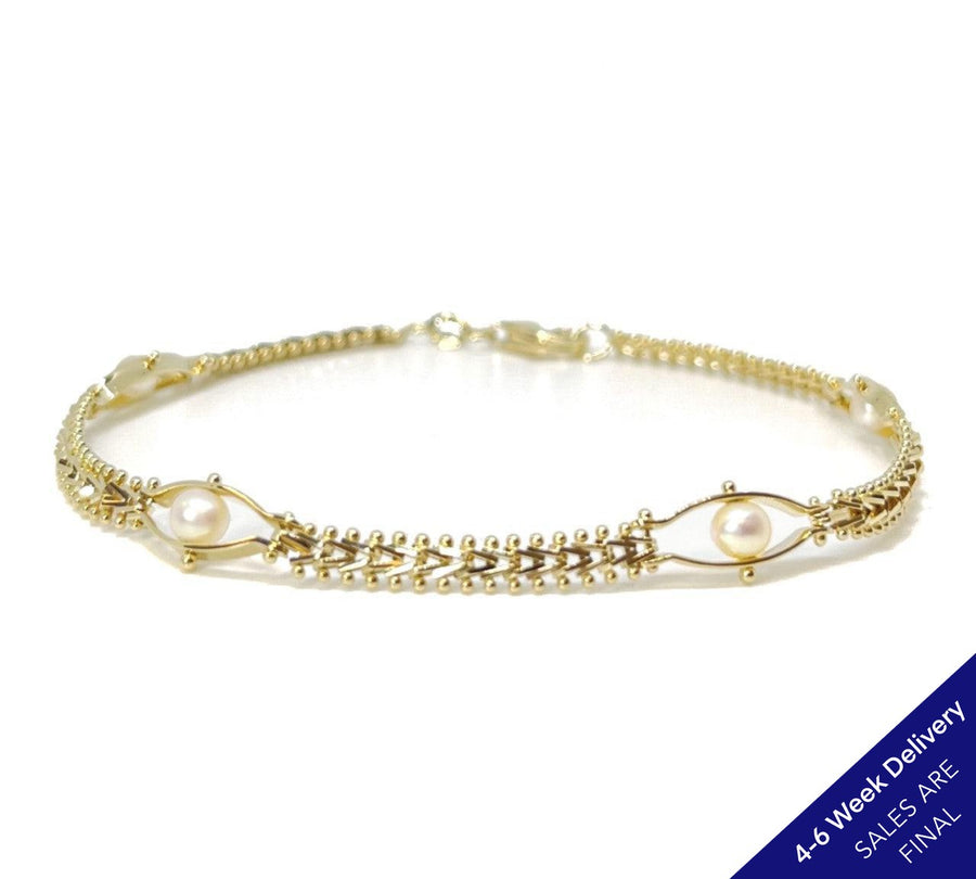 Imperial Gold Wheat Pattern Pearl Station Bracelet 14K | CUSTOM MADE TO ORDER