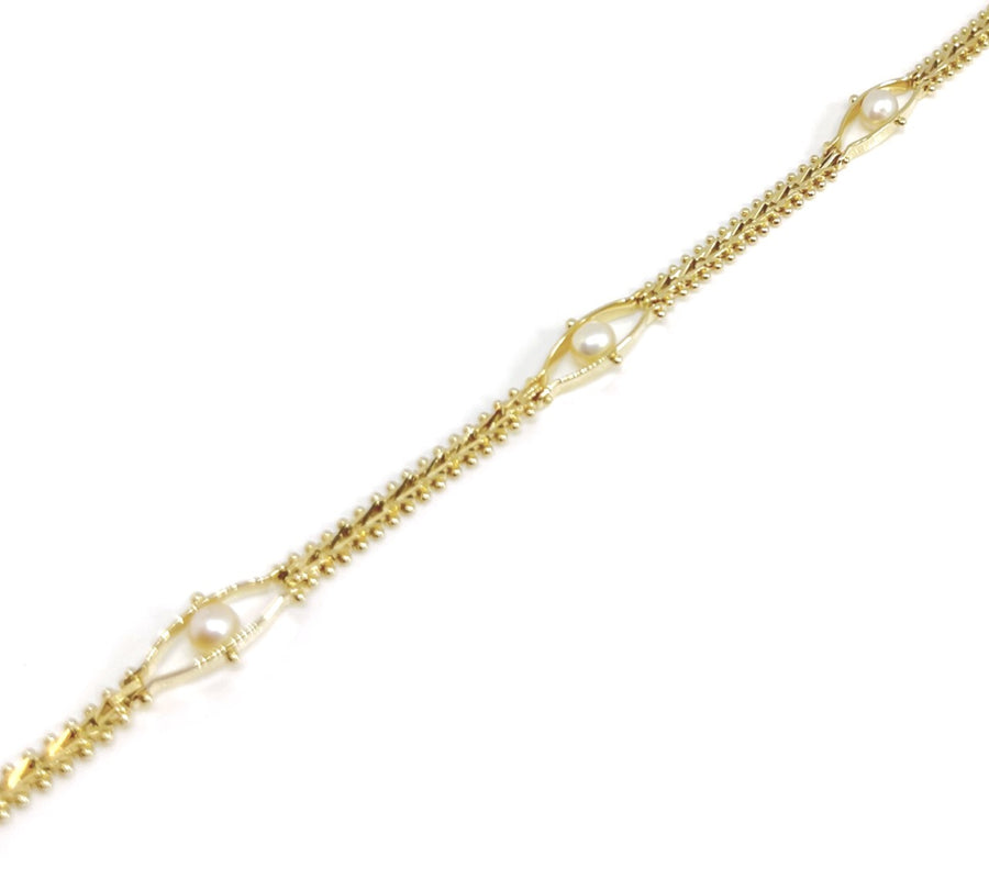 Imperial Gold Wheat Pattern Pearl Station Bracelet 14K | CUSTOM MADE TO ORDER